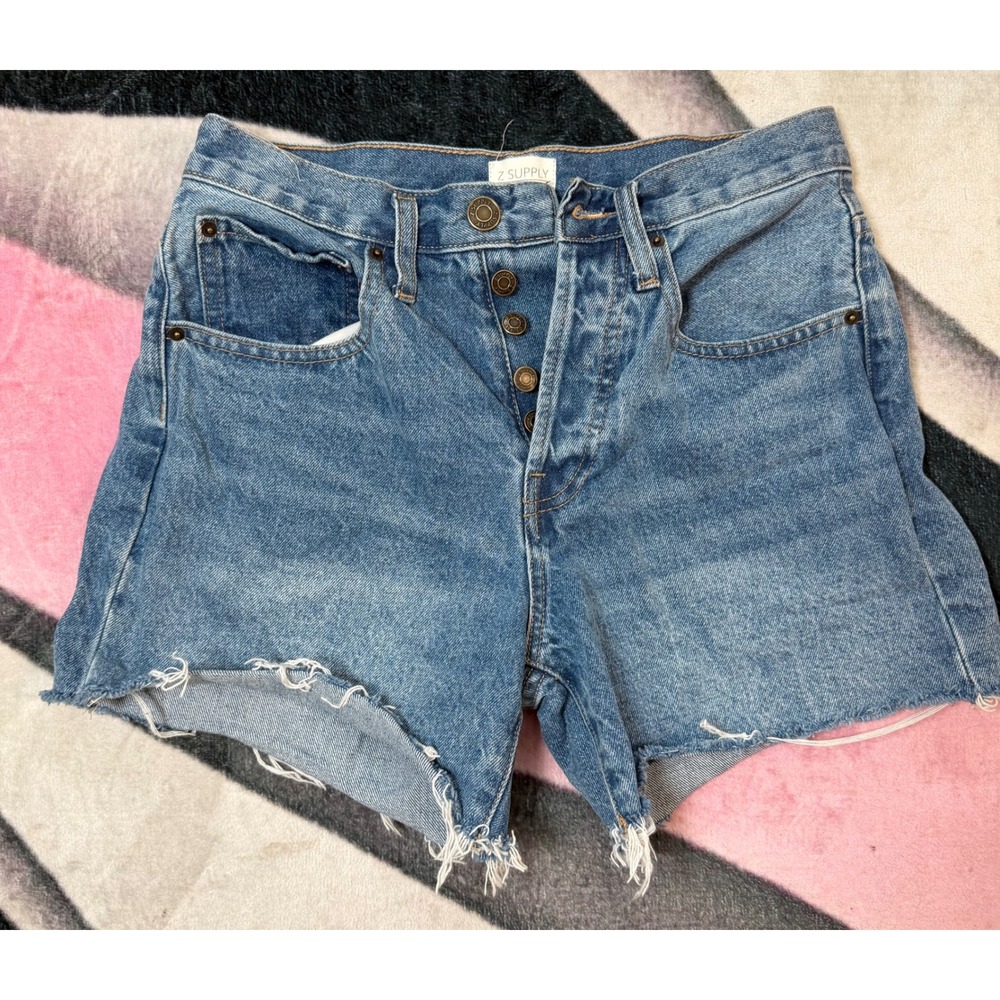Z Supply Denim High Waisted Button Fly Cut Off Shorts Blue Medium Wash Size 24
